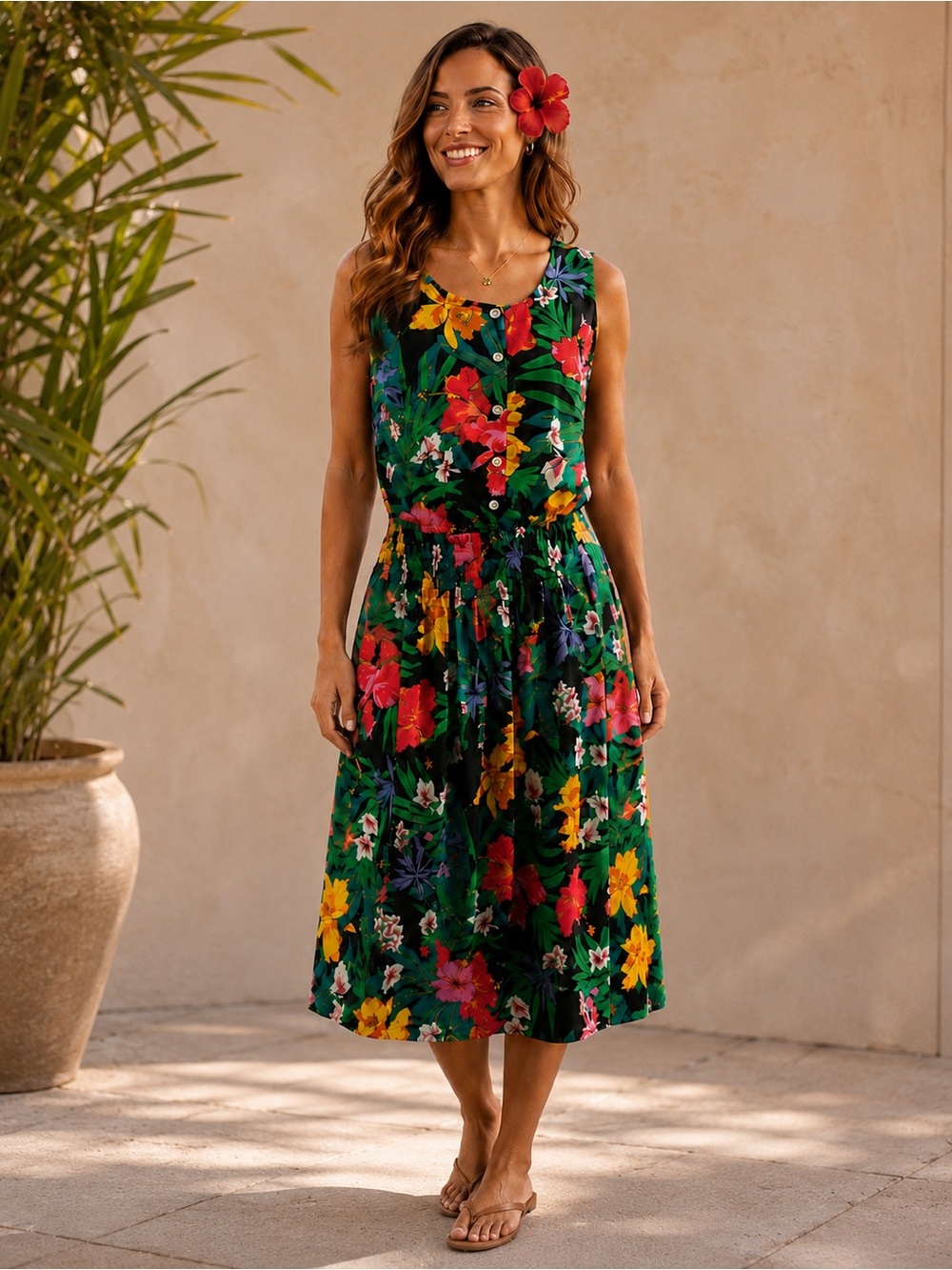 Vintage Malia 1970s 1980s Dress Hawaiian Print Hibiscus Puakenikeni Size 6